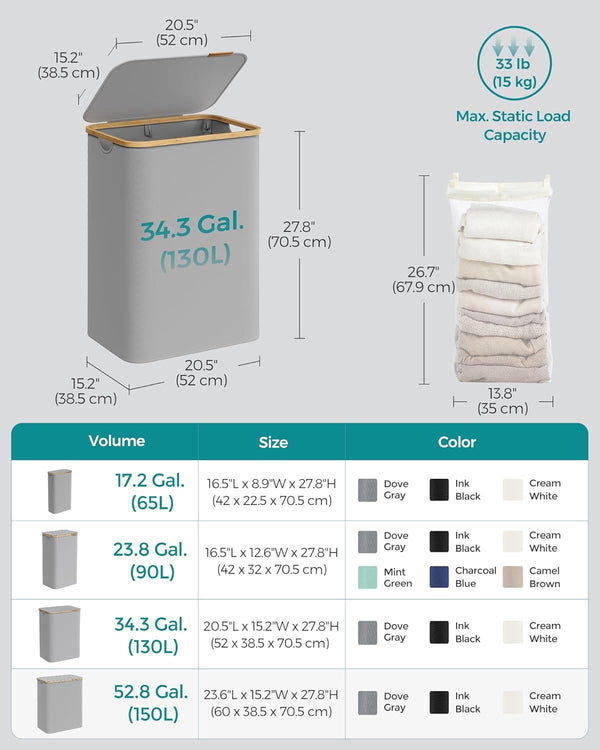 130L 2-Section Laundry Hamper - Lid & Bamboo Handles - Karrari