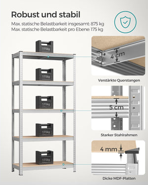 5-Tier Industrial Storage Shelf - Adjustable Boards (40x90x180cm) - Karrari