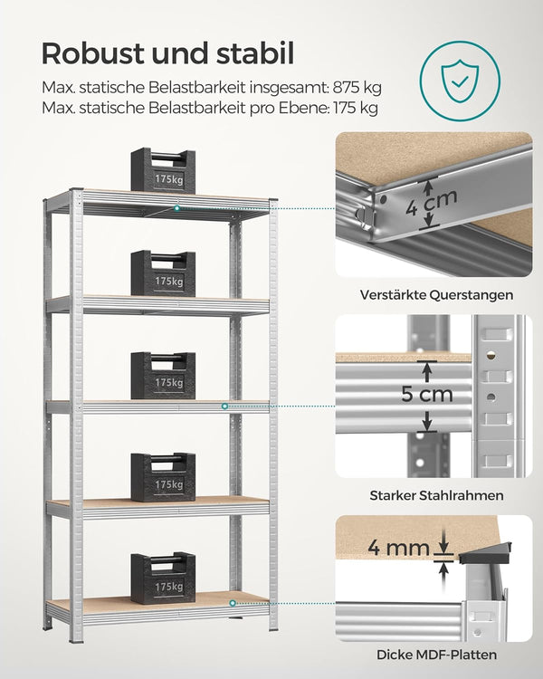5-Tier Industrial Storage Shelf - Adjustable Boards (40x90x180cm) - Karrari