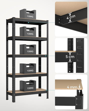 5-Tier Shelving Unit, Boltless Assembly, Load Capacity 650 kg, 30 x 75 x 150 cm