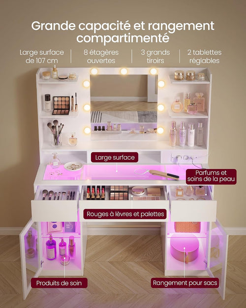 Dressing Table with LED Mirror & RGB Lighting, Glass Top, Storage Cabinets