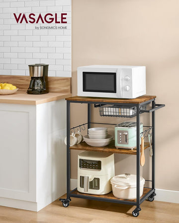 Kitchen Trolley with Wire Basket and S Hooks, 3 Tier Kitchen Shelf, Mobile Trolley