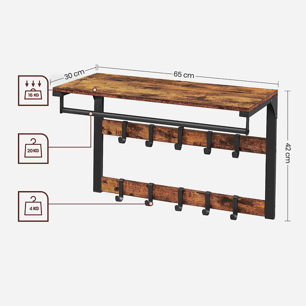Wall Mounted Coat Rack - 10 Removable Hooks - Karrari