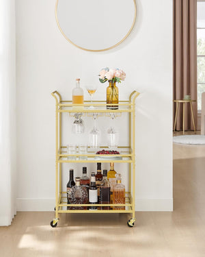 Gold Bar Cart with 3-Tier Mirrored Shelves