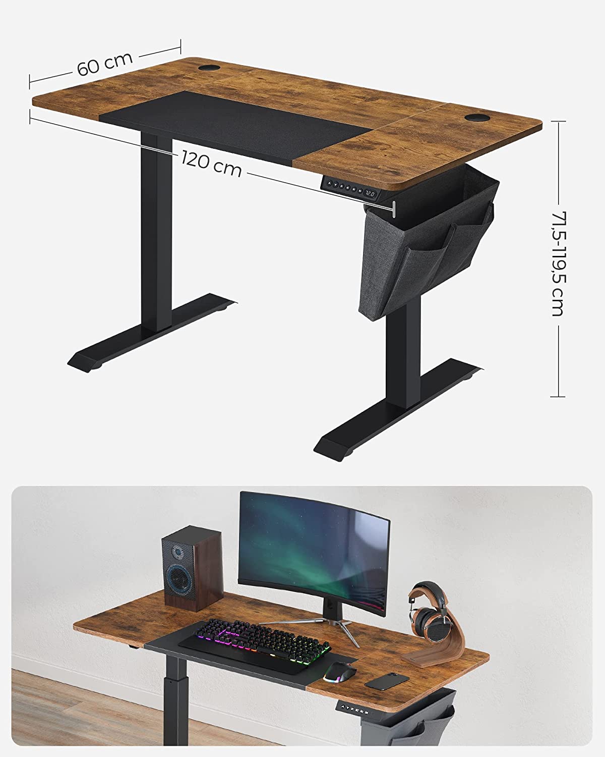Height-adjustable electric desk, 60 x 120 x (72-120) cm, fully adjustable, spliced plate, memory function with 4 heights