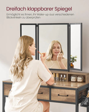 Makeup Table with Folding Mirror, Stool & Drawers