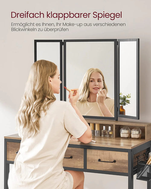 Makeup Table with Folding Mirror, Stool & Drawers