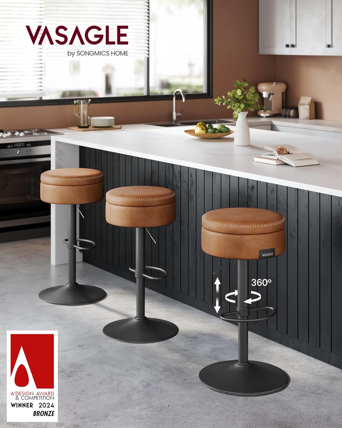 360° Swivel Bar Stool Height Adjustable Bar Stool with Storage Faux Leather Stitching Mid-Century Modern Style