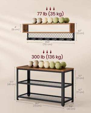 Coat Rack & Shoe Bench Set – Dot Hooks, 2-Tier Rack - Karrari