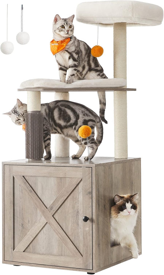 Cat Tree with Toilet House, Modern 2-in-1 Play Tower