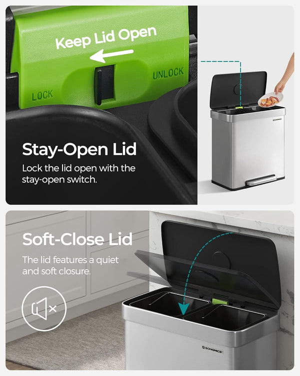 Stainless Steel Pedal Bin (2×30L) - Soft-Close Lid