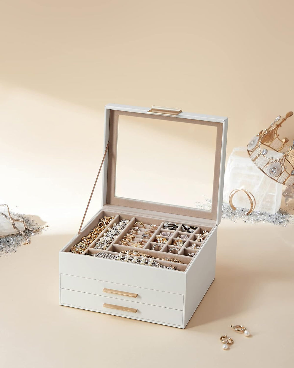 3-Layer Jewellery Box with Glass Lid & 2 Drawers