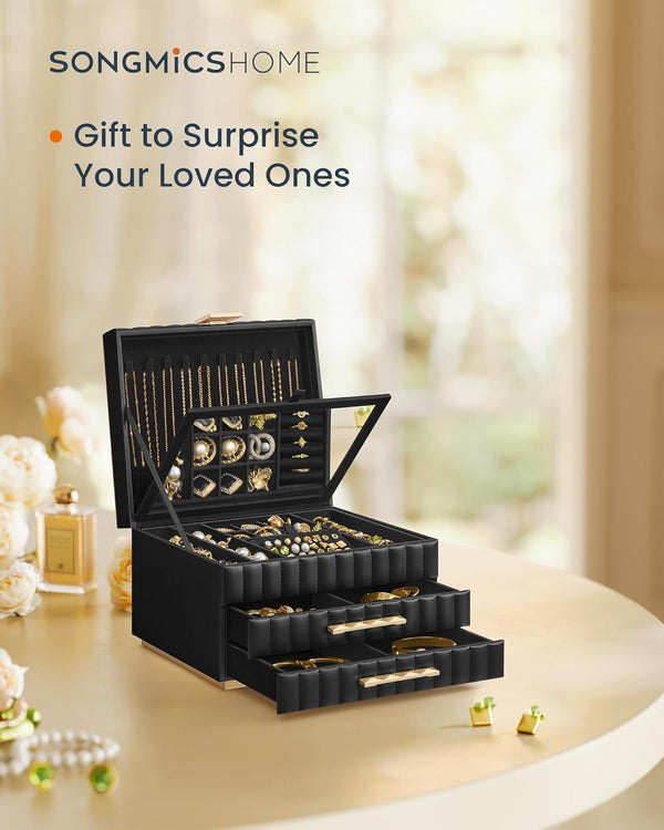 Elegant 3-Tier PU Leather Jewellery Box with Mirror