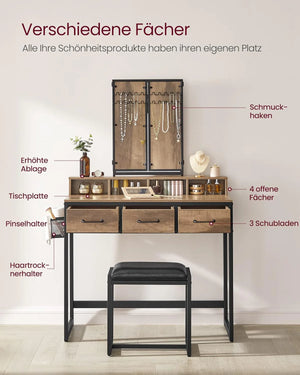 Makeup Table with Folding Mirror, Stool & Drawers