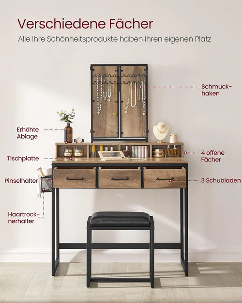 Makeup Table with Folding Mirror, Stool & Drawers