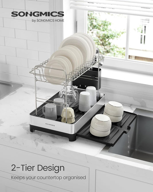 2-Tier Dish Drainer Rack, Expandable Dish Drying Rack, Stainless Steel