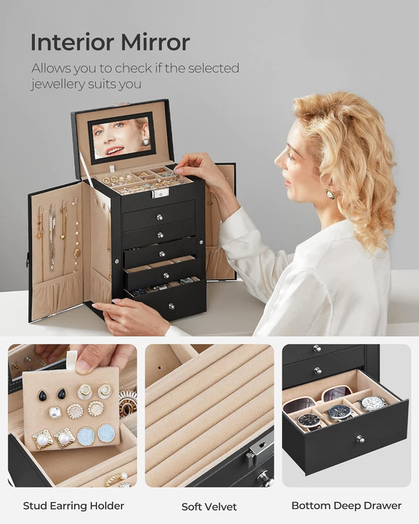 6-Tier Lockable Jewellery Box with Mirror & 5 Drawers - Karrari