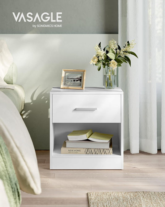 Bedside Table with Drawer Handle Open Compartment Coffee Table Bedroom Living Room Classic White