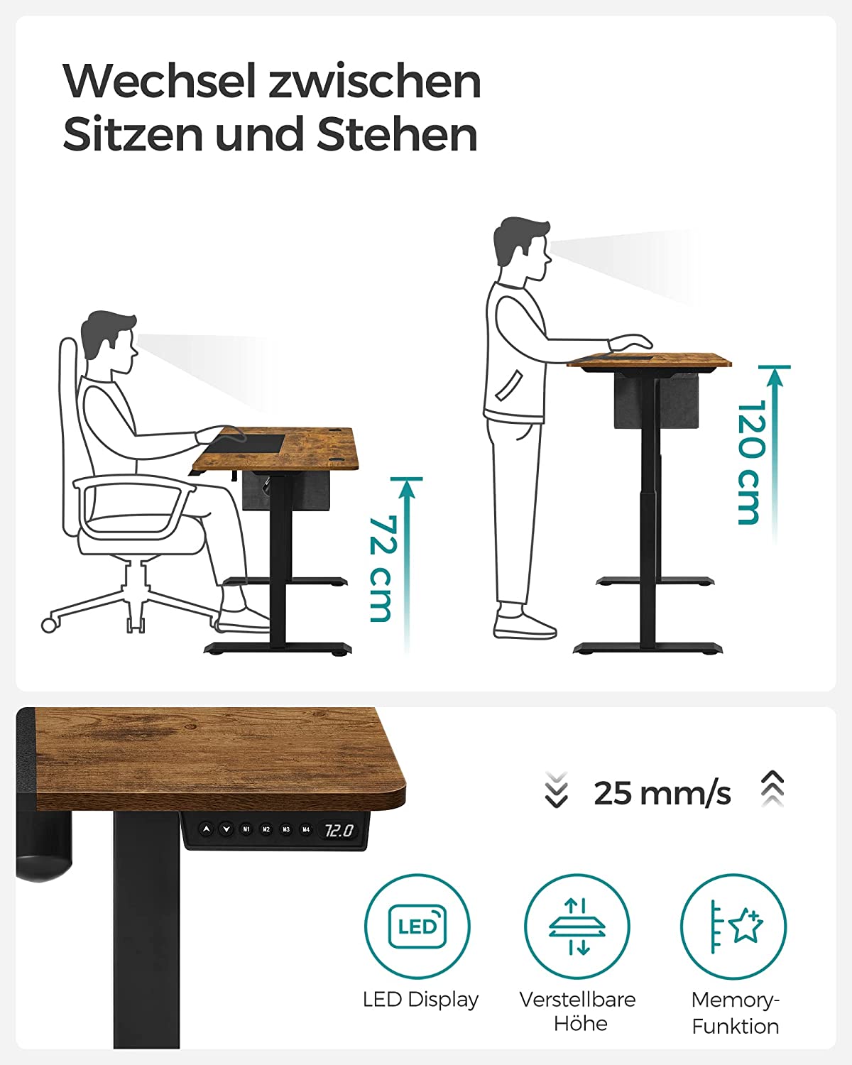 Height-adjustable electric desk, 60 x 120 x (72-120) cm, fully adjustable, spliced plate, memory function with 4 heights