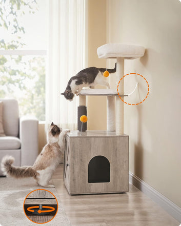 Cat Tree with Toilet House, Modern 2-in-1 Play Tower