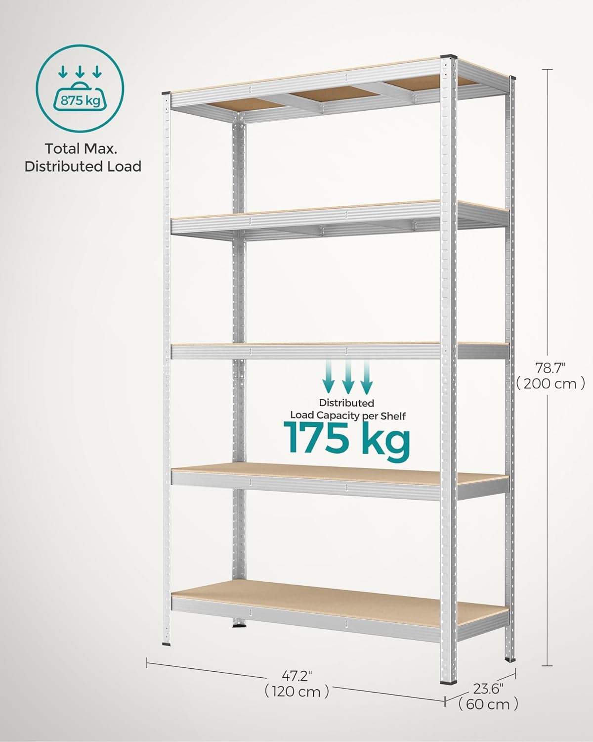 5-Tier Shelving Unit, Steel Shelving Unit for Storage, Tool-Free Assembly, for Garage, Shed, Load Capacity 875 kg, (60 x 120 x 200 cm)