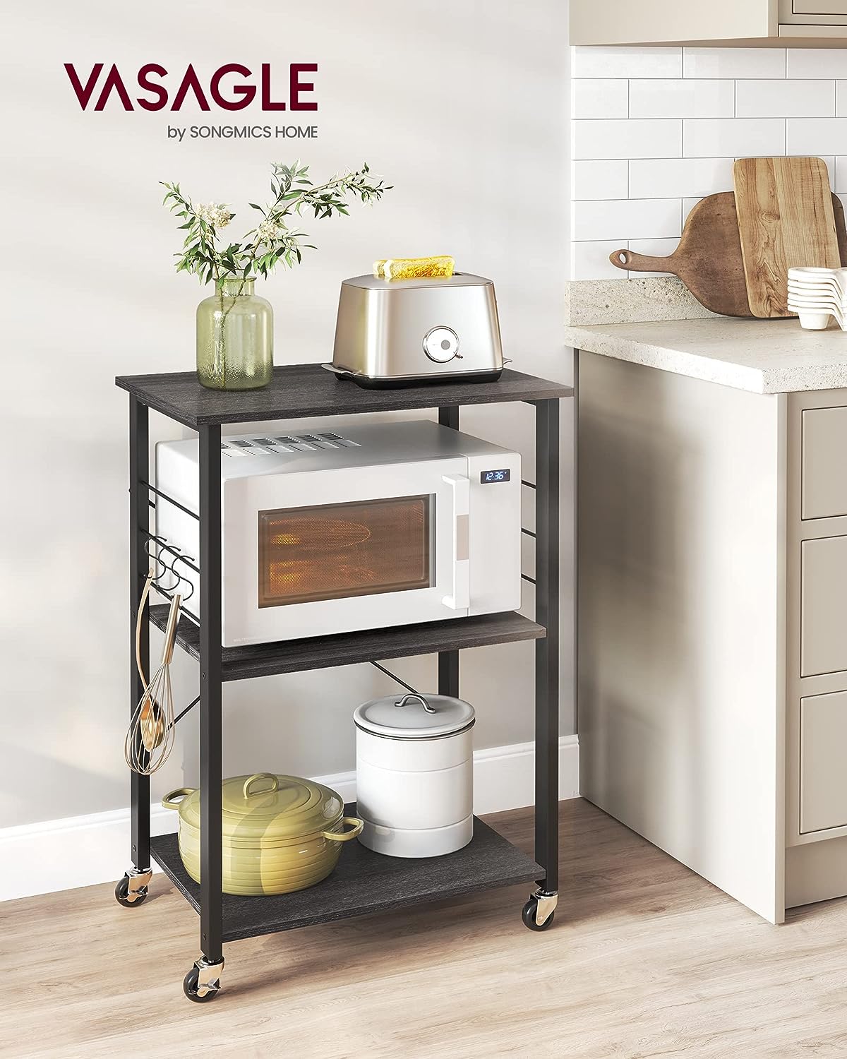 Kitchen Shelf with Wheels, Trolley with 3 Levels, Black