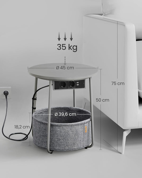 Round Side Table with Charging Station & Basket