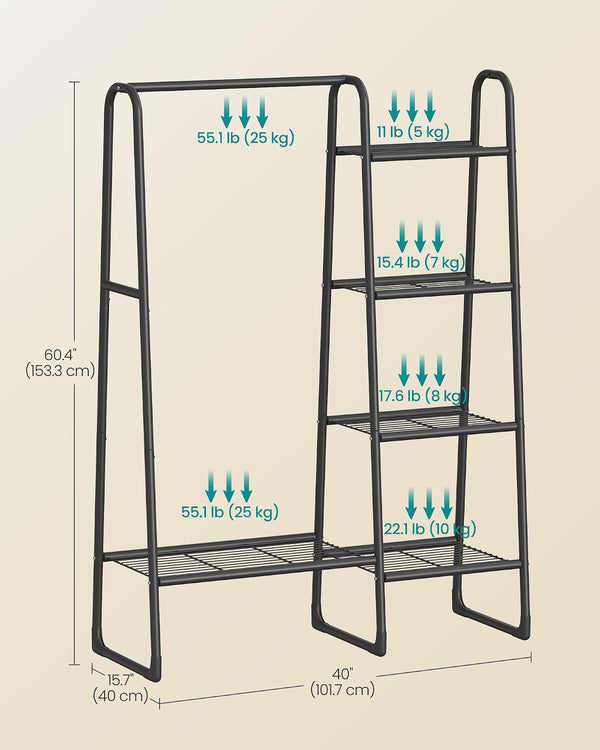 5-Tier Clothes Rack with Shelves, Metal Rail