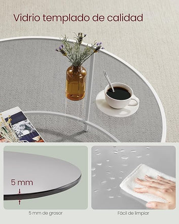 Round Coffee Table for Living Room, Glass Coffee Table with Metal Frame, Modern Coffee Table, Pearl White and Slate Grey