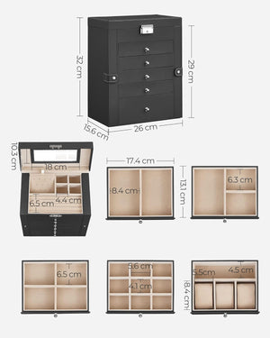 6-Tier Lockable Jewellery Box with Mirror & 5 Drawers - Karrari