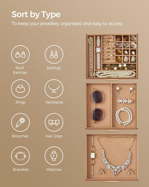 3-Layer Jewellery Box with Glass Lid & 2 Drawers