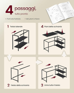 L-Shaped Computer Desk, Reversible Shelves - Karrari