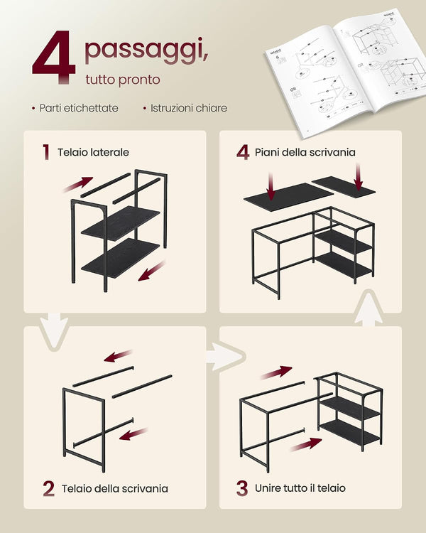 L-Shaped Computer Desk, Reversible Shelves - Karrari