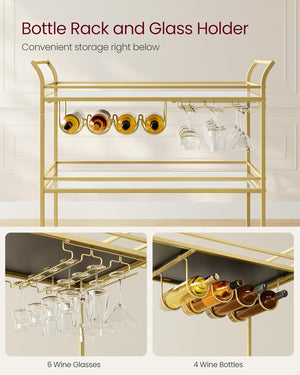 Gold Bar Cart with 3-Tier Mirrored Shelves
