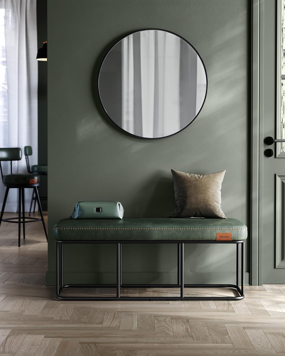 Forest Green Synthetic Leather Bench with Steel Frame