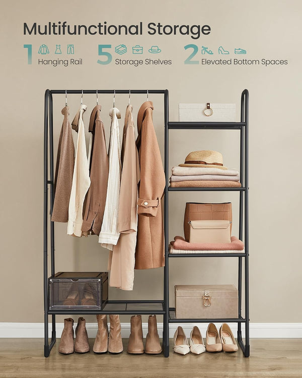 5-Tier Clothes Rack with Shelves, Metal Rail
