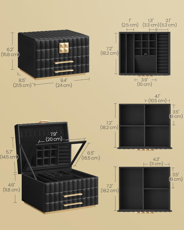 Elegant 3-Tier PU Leather Jewellery Box with Mirror