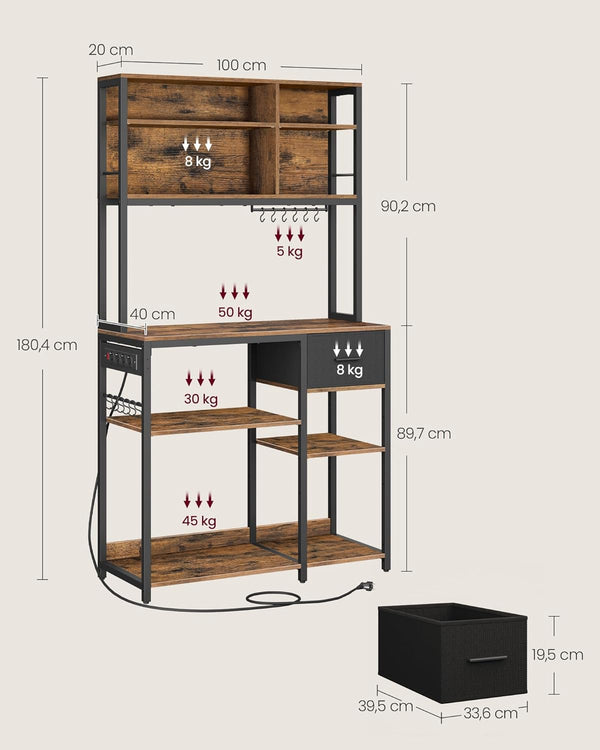 Kitchen Shelf with Sockets, Hooks & Fabric Drawer