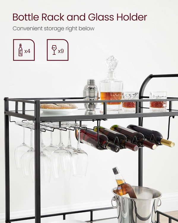 Black Bar Cart with Wine & Glass Holders