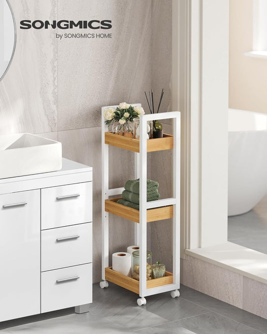 Small Shelf Storage Unit on Wheels, Bathroom Trolley, Slim Kitchen Shelf, 3-Tier Storage Caddy, 20 x 30 x 80 cm,