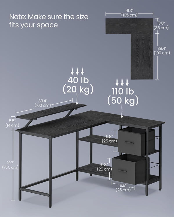 L-Shaped Desk with 2 Drawers & Monitor Stand