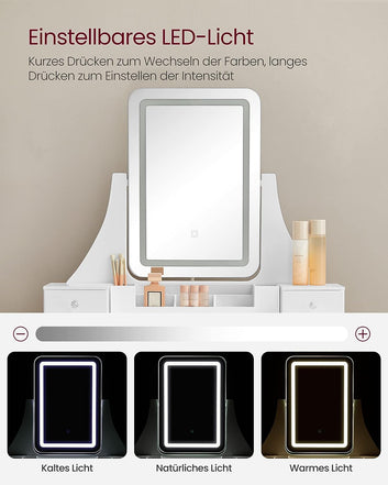 Dressing Table with LED Lighting in 3 Colours, Dressing Table with 360° Rotating Mirror + Stool