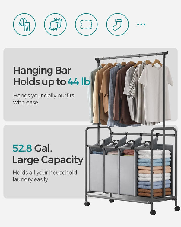 4-Section Laundry Sorter Trolley - Wheels & Brake, 200L - Karrari