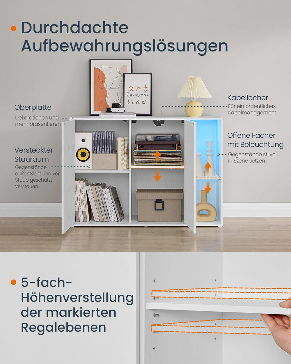 Sideboard Cabinet with Glass Shelf & LED Lighting - Karrari