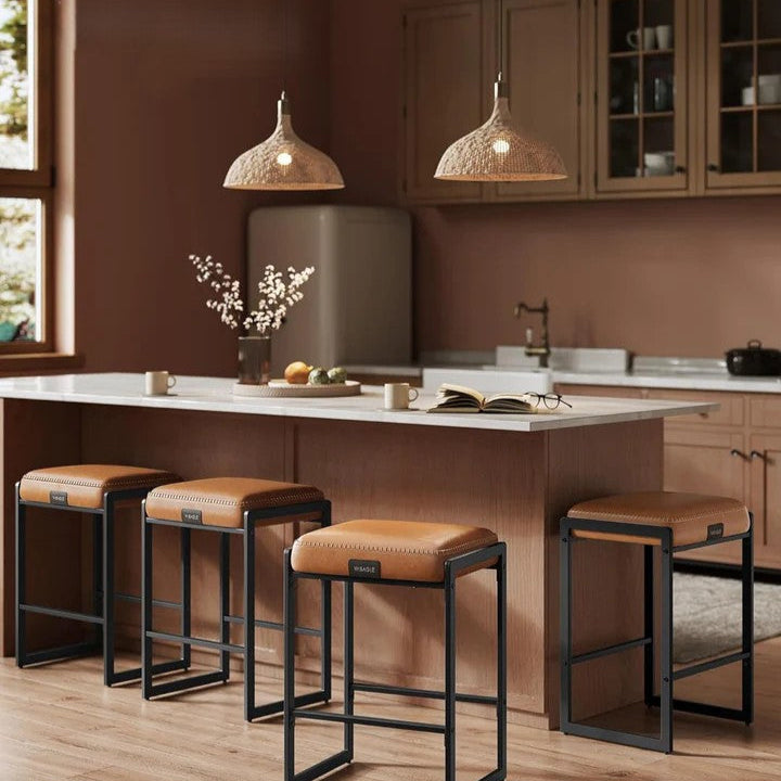 Set of 2 Mid-Century Faux Leather Bar Stools