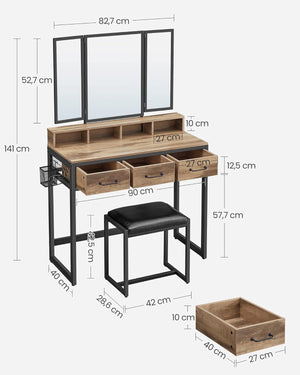 Dressing Table - Tri-Fold Mirror, 3 Drawers & Stool - Karrari