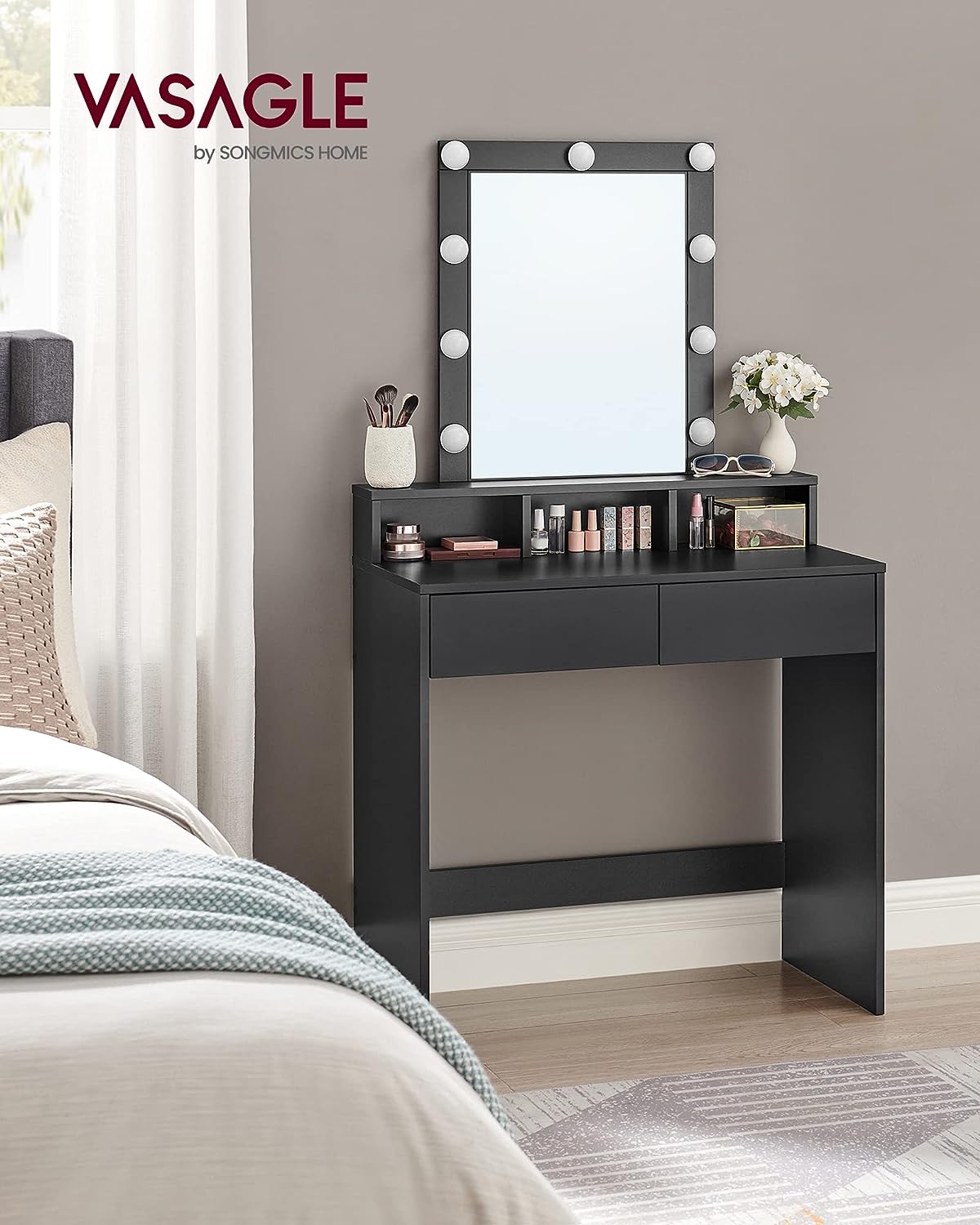 Dressing Table with LED Lighting, Adjustable Brightness, Dressing Table with Mirror, Black