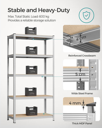 5-Tier Shelving Unit, Steel Shelving Unit for Storage, Tool-Free Assembly, Load Capacity 600 kg