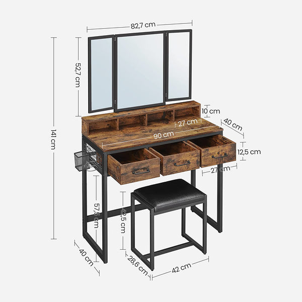 Makeup Table with Folding Mirror, Stool & Drawers - Karrari