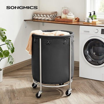 Laundry Basket with Wheels, Rolling Laundry Hamper, 45 Gal., Round Laundry Cart with Steel Frame
